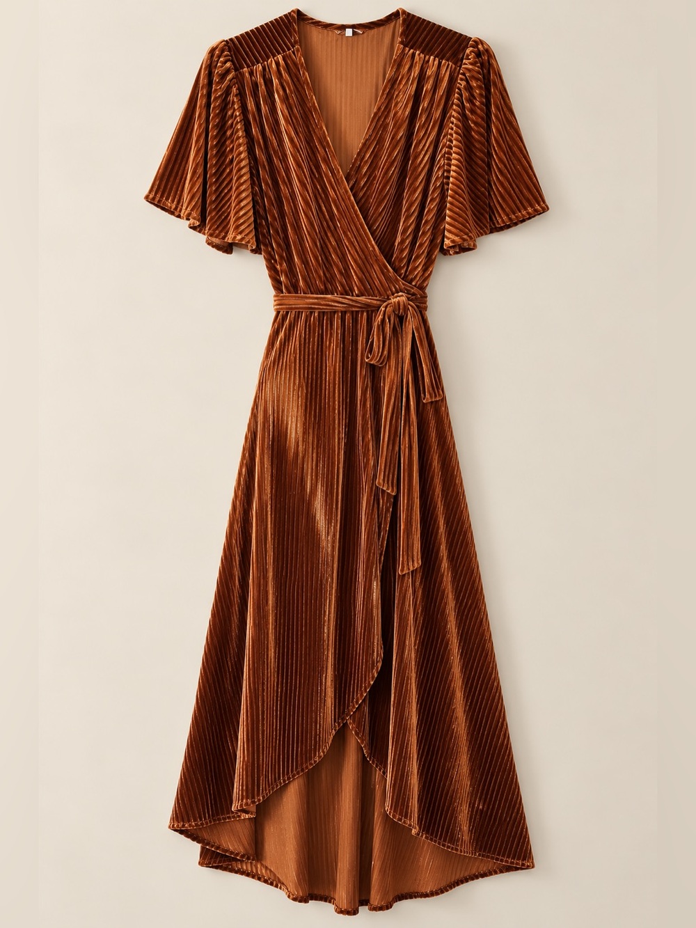 Gorgeous Burnt Orange Ribbed Velvet Wrap Maxi Dress Flutter Sleeve Boho